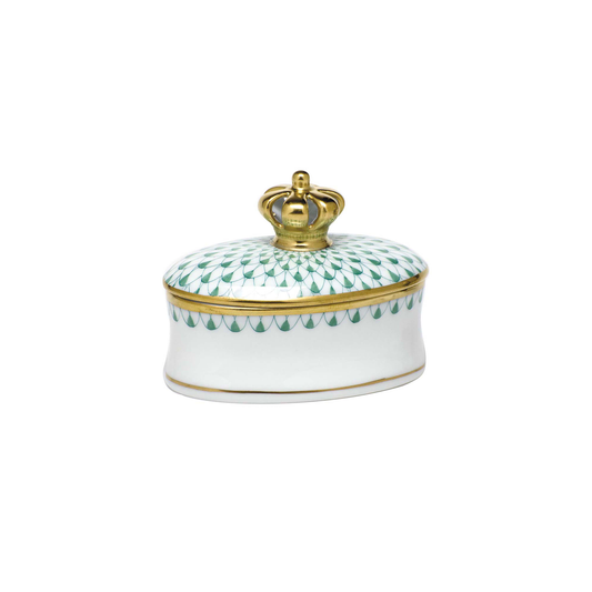 Herend Oval Box with Crown | Green 2.75in