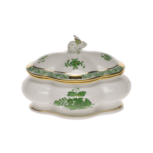 Herend Chinese Bouquet Green Covered Bonbon Box with Bunny | 5x4in