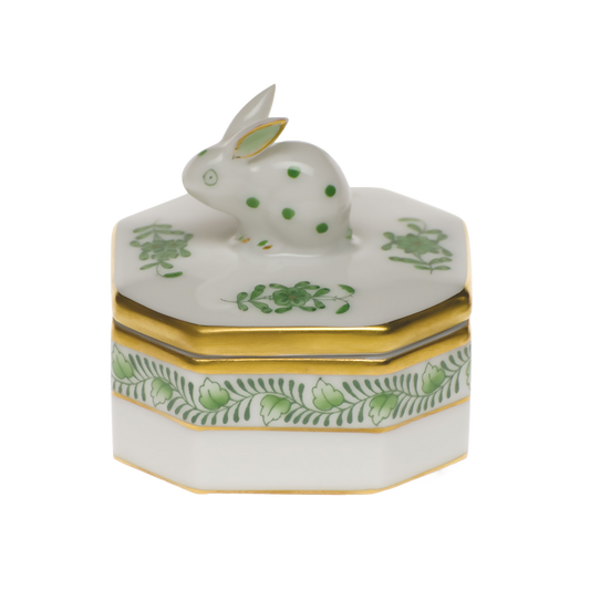 Herend Chinese Bouquet Green Petite Octagonal Box with Bunny | 2in