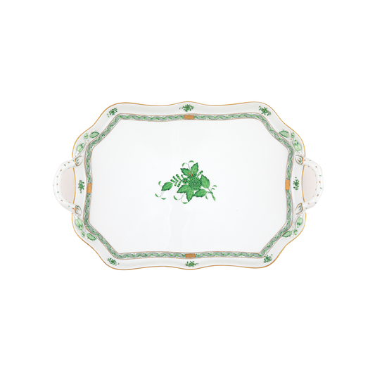 Herend Chinese Bouquet Green Rectangular Tray with Branch Handles | 18in