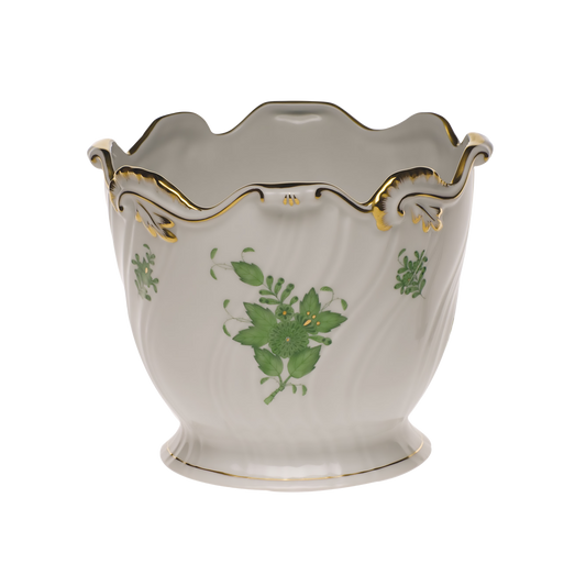 Herend Chinese Bouquet Green Ribbed Cachepot | 6.25x7in