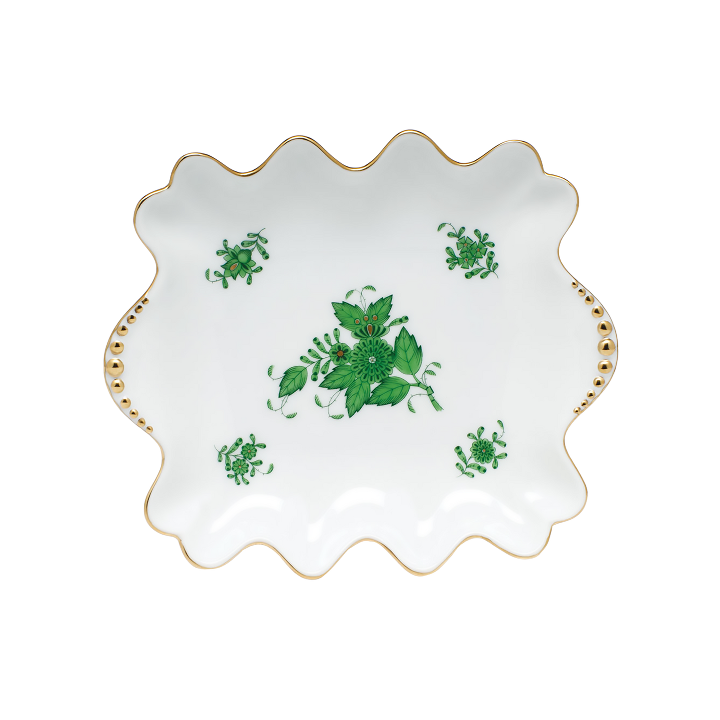Herend Chinese Bouquet Green Small Dish with Pearl Handles | Multicolor 5.75x6 in