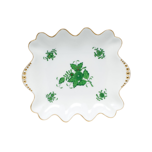 Herend Chinese Bouquet Green Small Dish with Pearl Handles | Multicolor 5.75x6 in