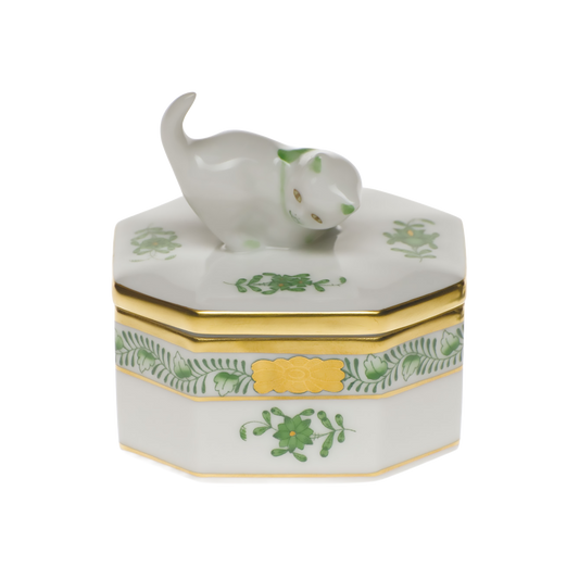 Herend Chinese Bouquet Green Small Octagonal Box with Cat | 2.5in
