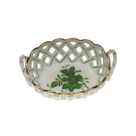 Herend Chinese Bouquet Green Small Openwork Basket with Handles | 3.5x2.5in