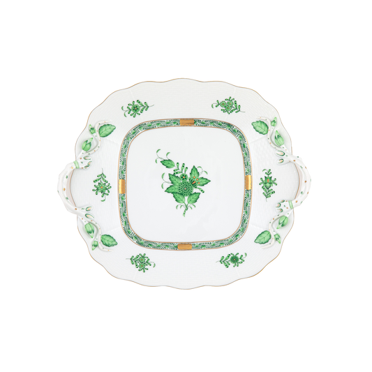 Herend Chinese Bouquet Green Square Cake Plate with Handles | 9.5x9.5in