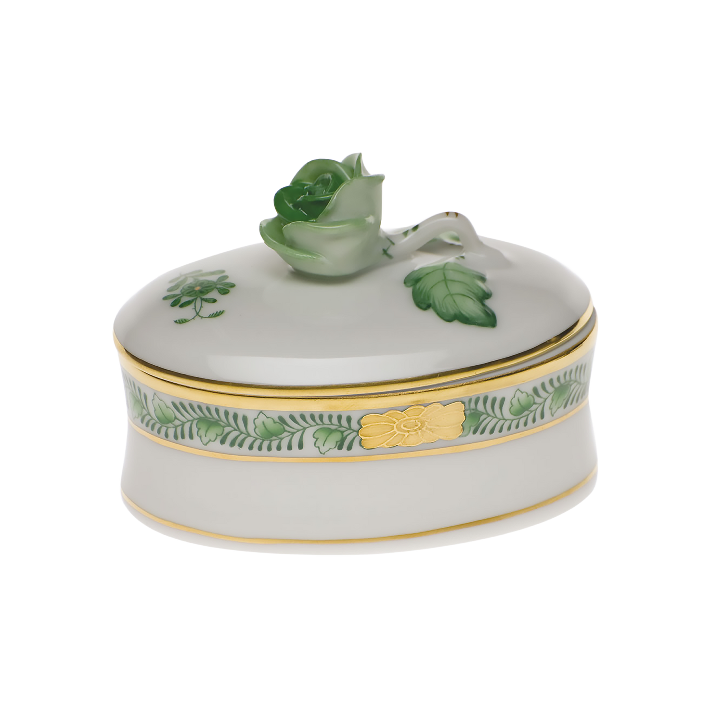 Herend Chinese Bouquet Green Oval Box with Rose | 2.75x2in