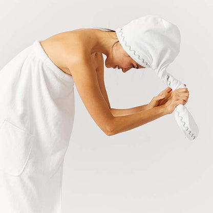 Weezie Towels Luxury Hair Towel | White + Green Wave Embroidery