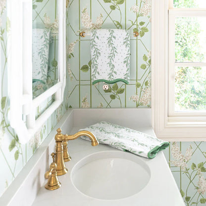 Weezie Towels Luxury Patterned Scallop Edge Hand Towel Set of 2 | Willow Leaves + Green Piping