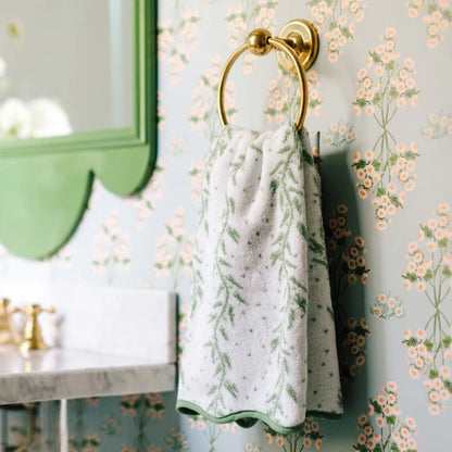 Weezie Towels Luxury Patterned Scallop Edge Hand Towel Set of 2 | Willow Leaves + Green Piping