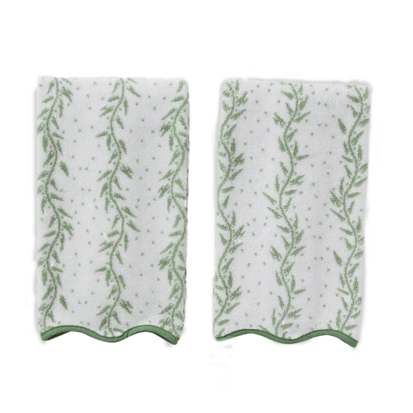 Weezie Towels Luxury Patterned Scallop Edge Hand Towel Set of 2 | Willow Leaves + Green Piping