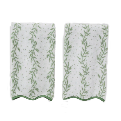Weezie Towels Luxury Patterned Scallop Edge Hand Towel Set of 2 | Willow Leaves + Green Piping
