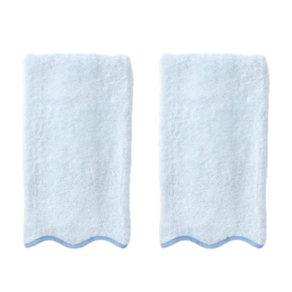 Weezie Towels Luxury Scallop Edge Hand Towel Set of 2 | Light Blue + French Blue Piping