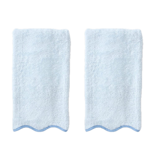 Weezie Towels Luxury Scallop Edge Hand Towel Set of 2 | Light Blue + French Blue Piping