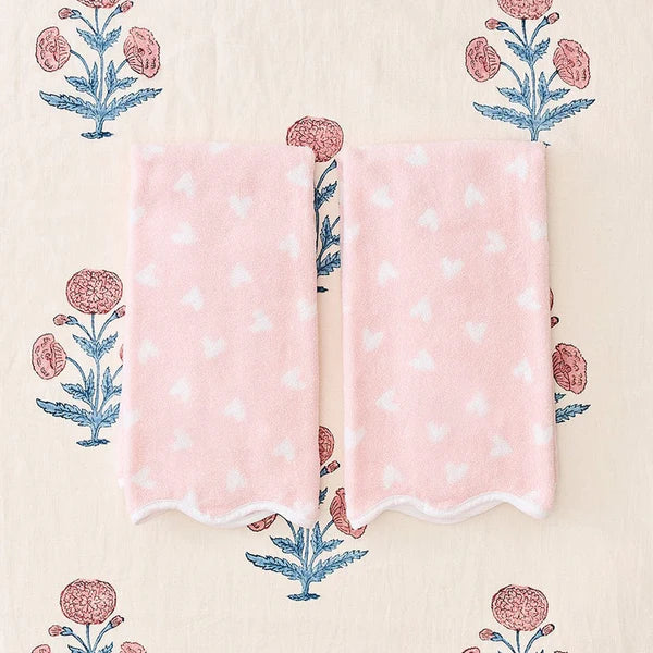 Weezie Towels Luxury Patterned Scallop Edge Hand Towel Set of 2 | Pink Hearts + White Piping