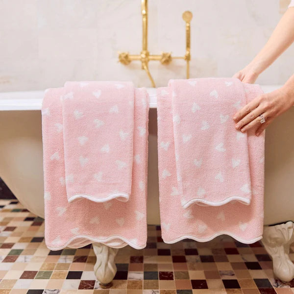 Weezie Towels Luxury Patterned Scallop Edge Hand Towel Set of 2 | Pink Hearts + White Piping