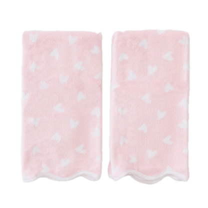 Weezie Towels Luxury Patterned Scallop Edge Hand Towel Set of 2 | Pink Hearts + White Piping