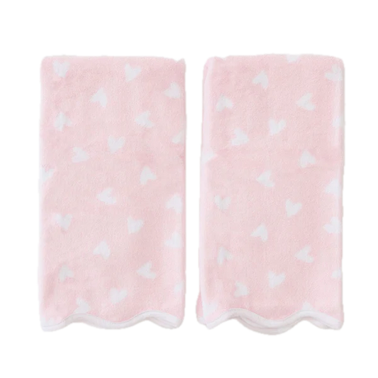 Weezie Towels Luxury Patterned Scallop Edge Hand Towel Set of 2 | Pink Hearts + White Piping
