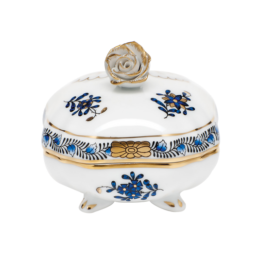 Herend Chinese Bouquet Black Sapphire Covered Bonbon Box with Rose | 3in