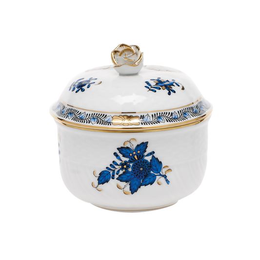 Herend Chinese Bouquet Black Sapphire Coveredered sugar with Rose | 6oz