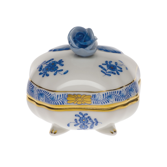 Herend Chinese Bouquet Blue Covered Bonbon Box with Rose | 3in