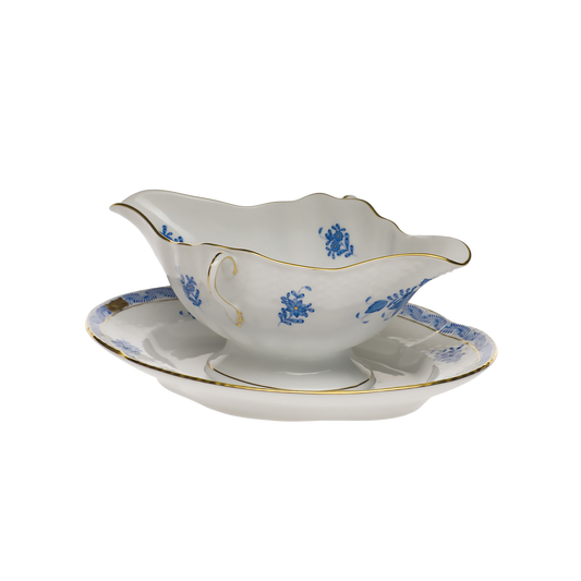 Herend Chinese Bouquet Blue Gravy Boat with Fixed Stand | 0.75in