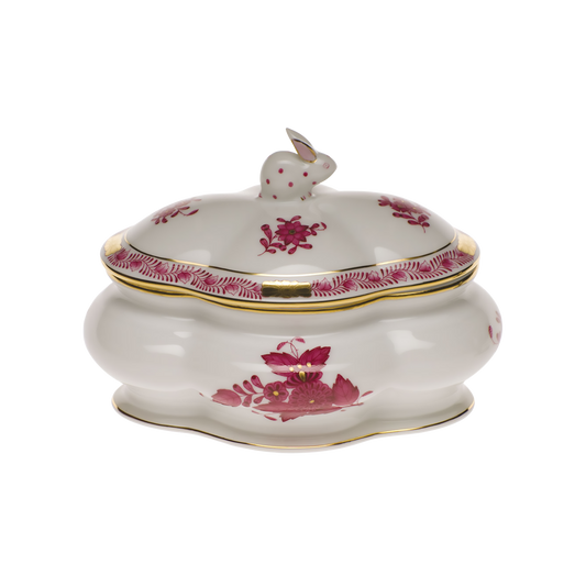 Herend Chinese Bouquet Raspberry Covered Bonbon Box with Bunny | 5x4in