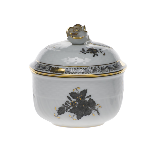 Herend Chinese Bouquet Black Coveredered Sugar with Rose | 6oz