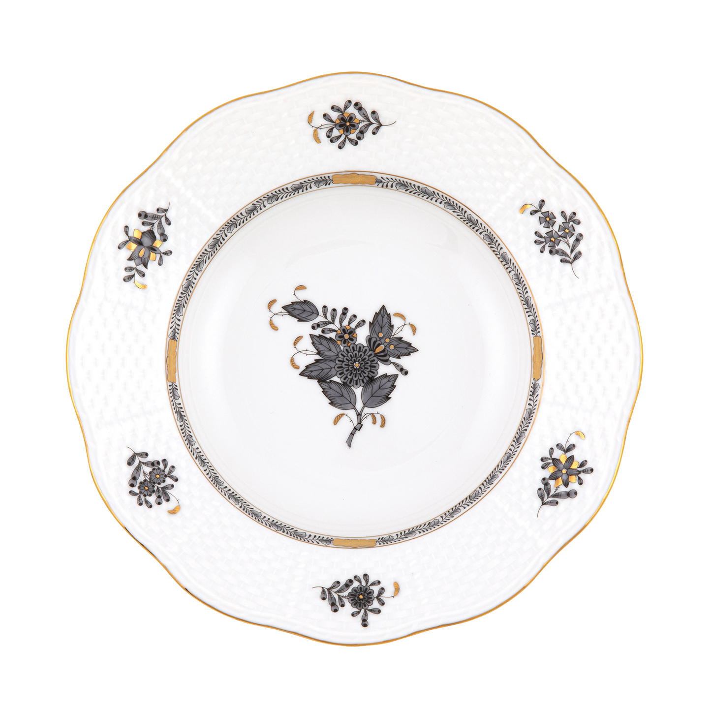 Herend Chinese Bouquet Black Rim Soup Plate | 8in