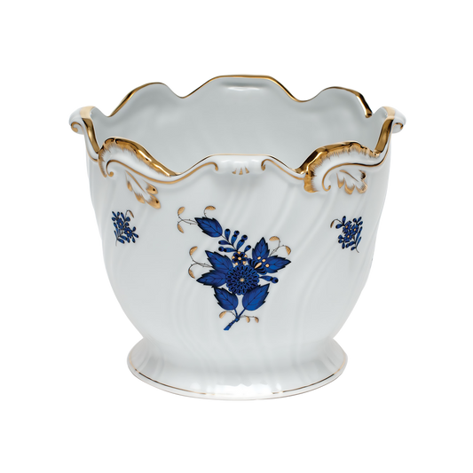 Herend Chinese Bouquet Black Sapphire Ribbed Cachepot | 6.25x7in
