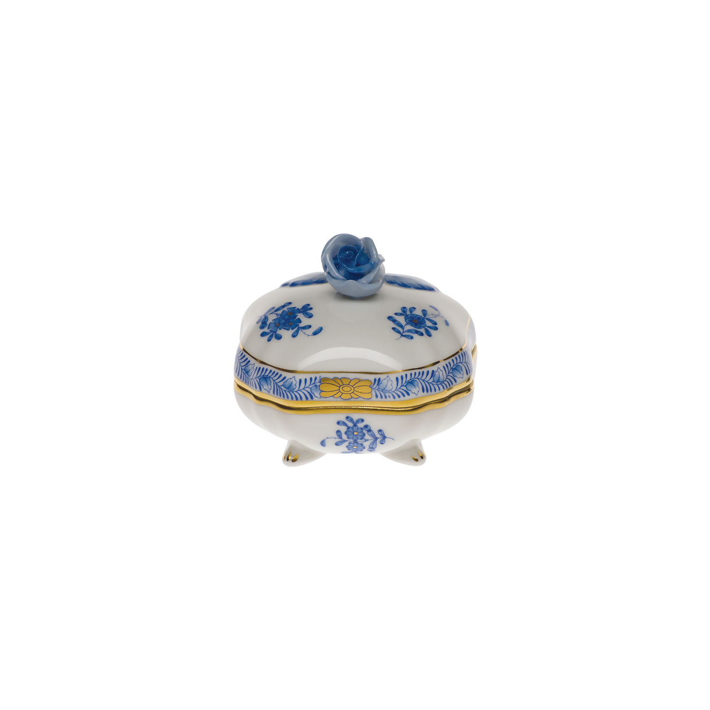 Herend Chinese Bouquet Blue Covered Bonbon Box with Rose | 3in
