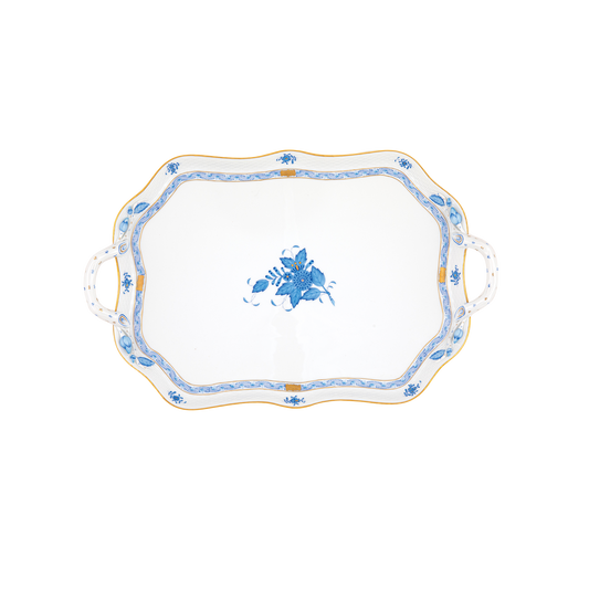 Herend Chinese Bouquet Blue Rectangular Tray with Branch Handles | 18in