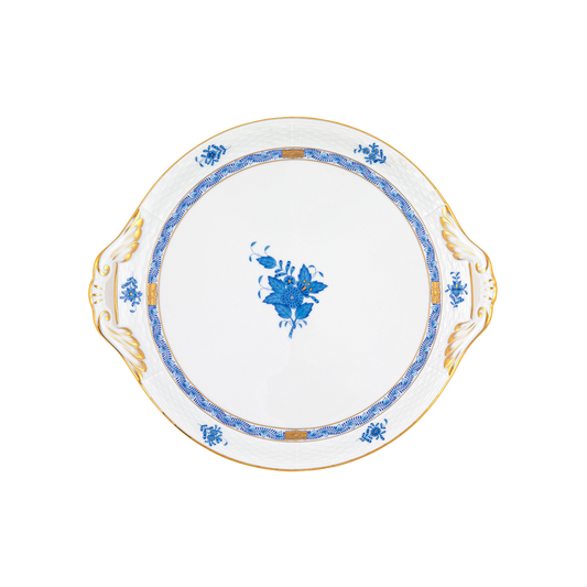 Herend Chinese Bouquet Blue Round Tray with Handles | 11.25in