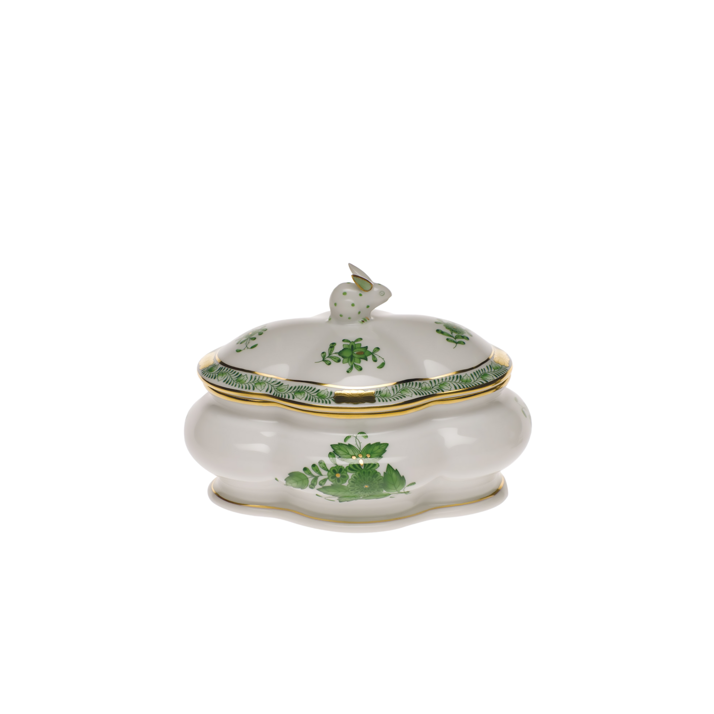 Herend Chinese Bouquet Green Covered Bonbon Box with Bunny | 5x4in