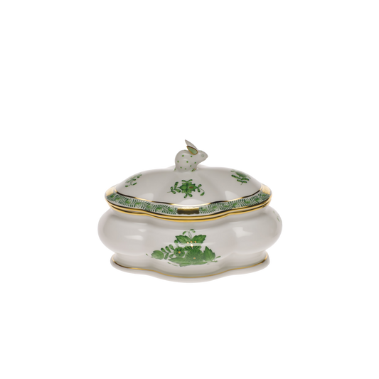 Herend Chinese Bouquet Green Covered Bonbon Box with Bunny | 5x4in