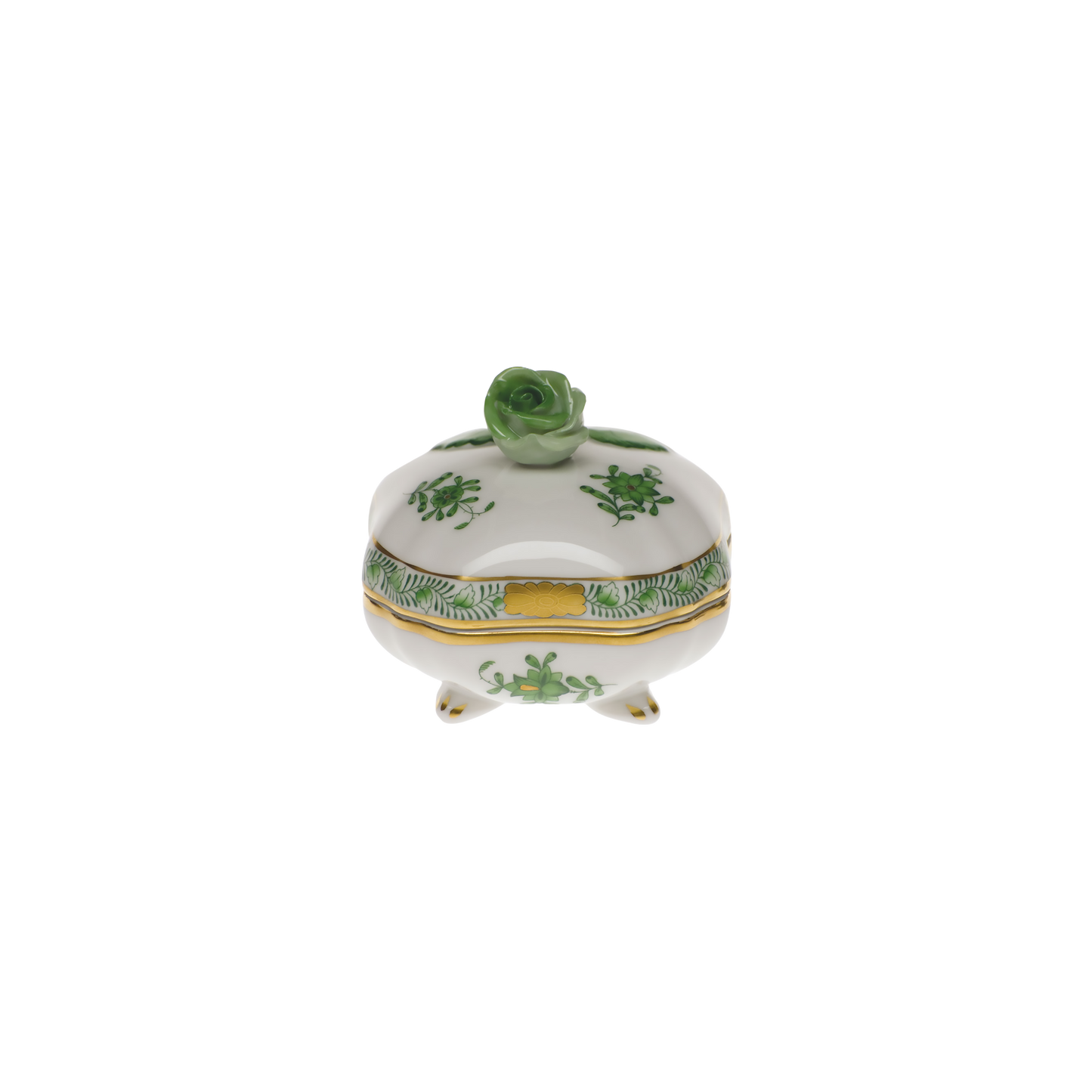 Herend Chinese Bouquet Green Covered Bonbon Box with Rose | 3in