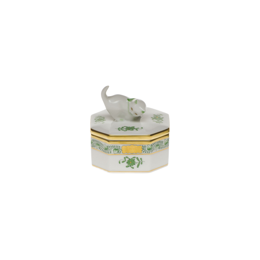 Herend Chinese Bouquet Green Small Octagonal Box with Cat | 2.5in