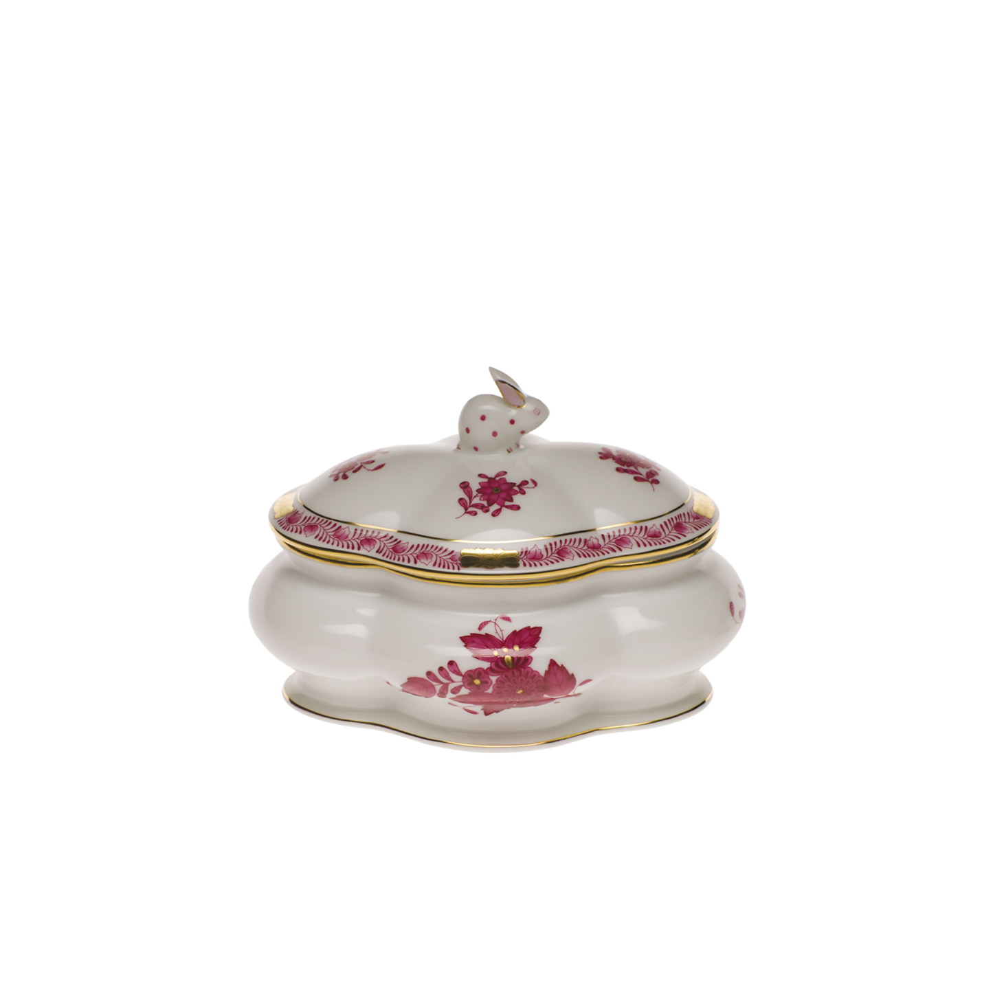 Herend Chinese Bouquet Raspberry Covered Bonbon Box with Bunny | 5x4in