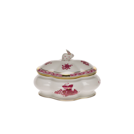 Herend Chinese Bouquet Raspberry Covered Bonbon Box with Bunny | 5x4in