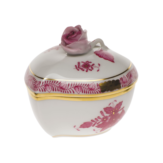 Herend Chinese Bouquet Raspberry Heart Bonbon Box with Rose | 3x2in