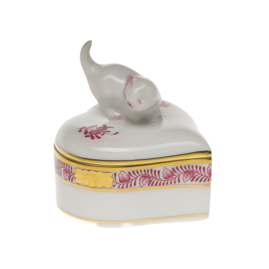 Herend Chinese Bouquet Raspberry Heart Box with Cat | 2.75in