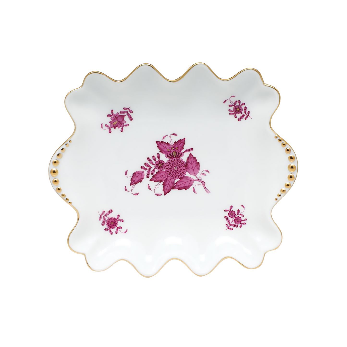 Herend Chinese Bouquet Raspberry Small Dish with Pearl Handles | 5.75x6in