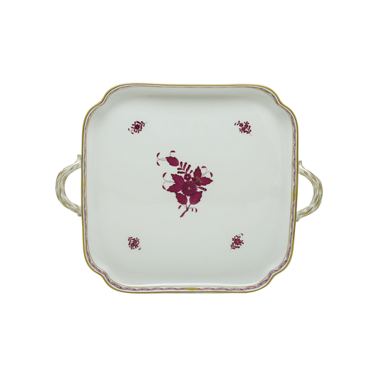 Herend Chinese Bouquet Raspberry Square Tray with Handles |  12.75in