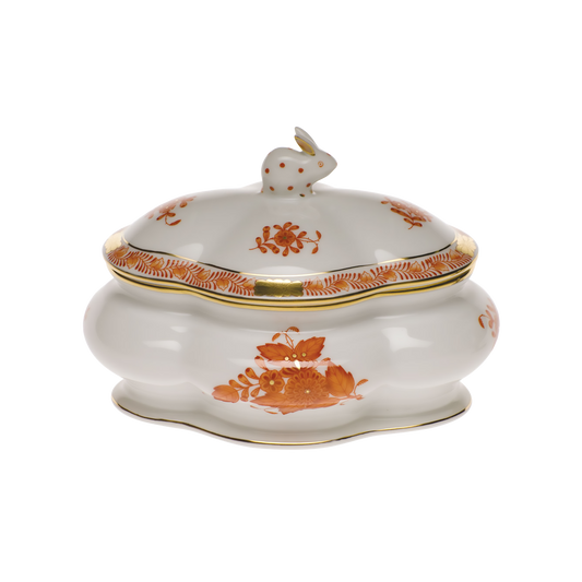 Herend Chinese Bouquet Rust Covered Bonbon Box with Bunny | 5x4in