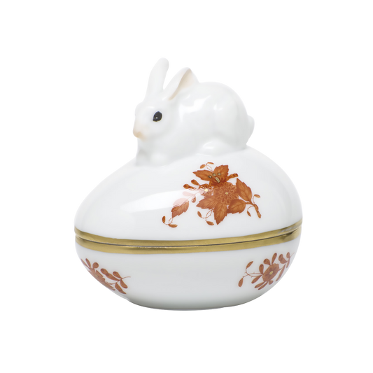 Herend Chinese Bouquet Rust Egg Bonbon Box with Bunny