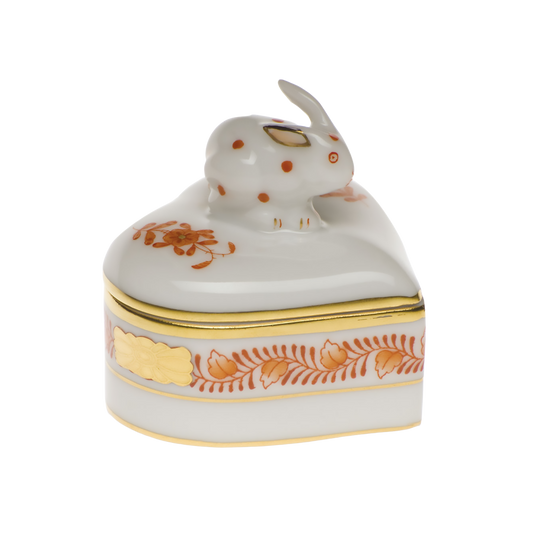Herend Chinese Bouquet Rust Heart Box with Bunny | 2in
