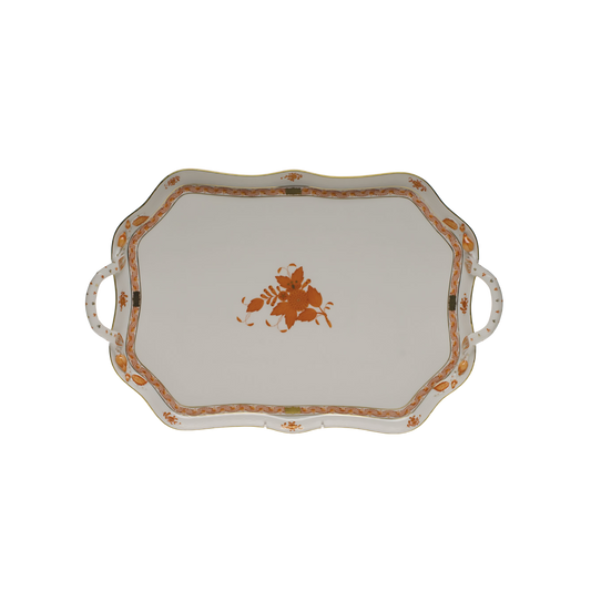 Herend Chinese Bouquet Rust Rectangle Tray  with Branch Handles | 18in