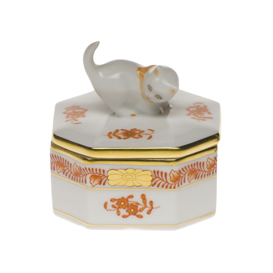 Herend Chinese Bouquet Rust Small Octagonal Box with Cat | 2.5in