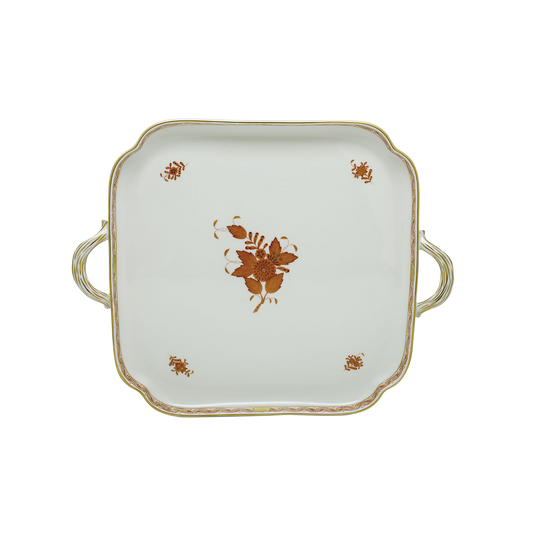 Herend Chinese Bouquet Rust Square Tray with Handles