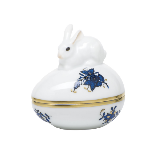 Herend Chinese Bouquet Black Sapphire Egg Bonbon Box With Bunny | 3in